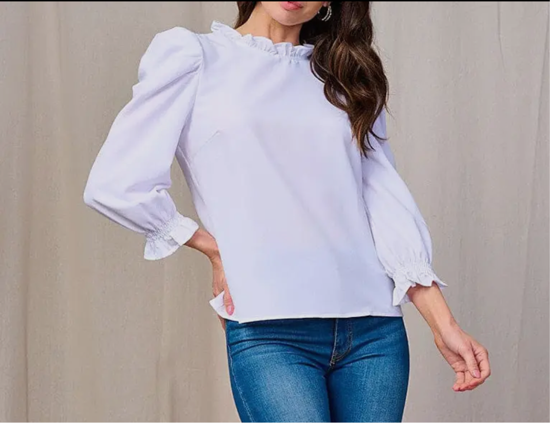 White Puff Sleeve Ruffle Neck Top