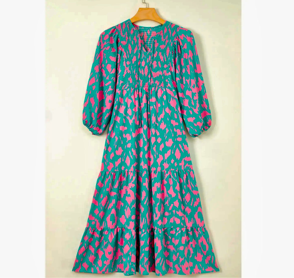 Green Abstract Print Puff Sleeve Tied Notched Neck Long Dress