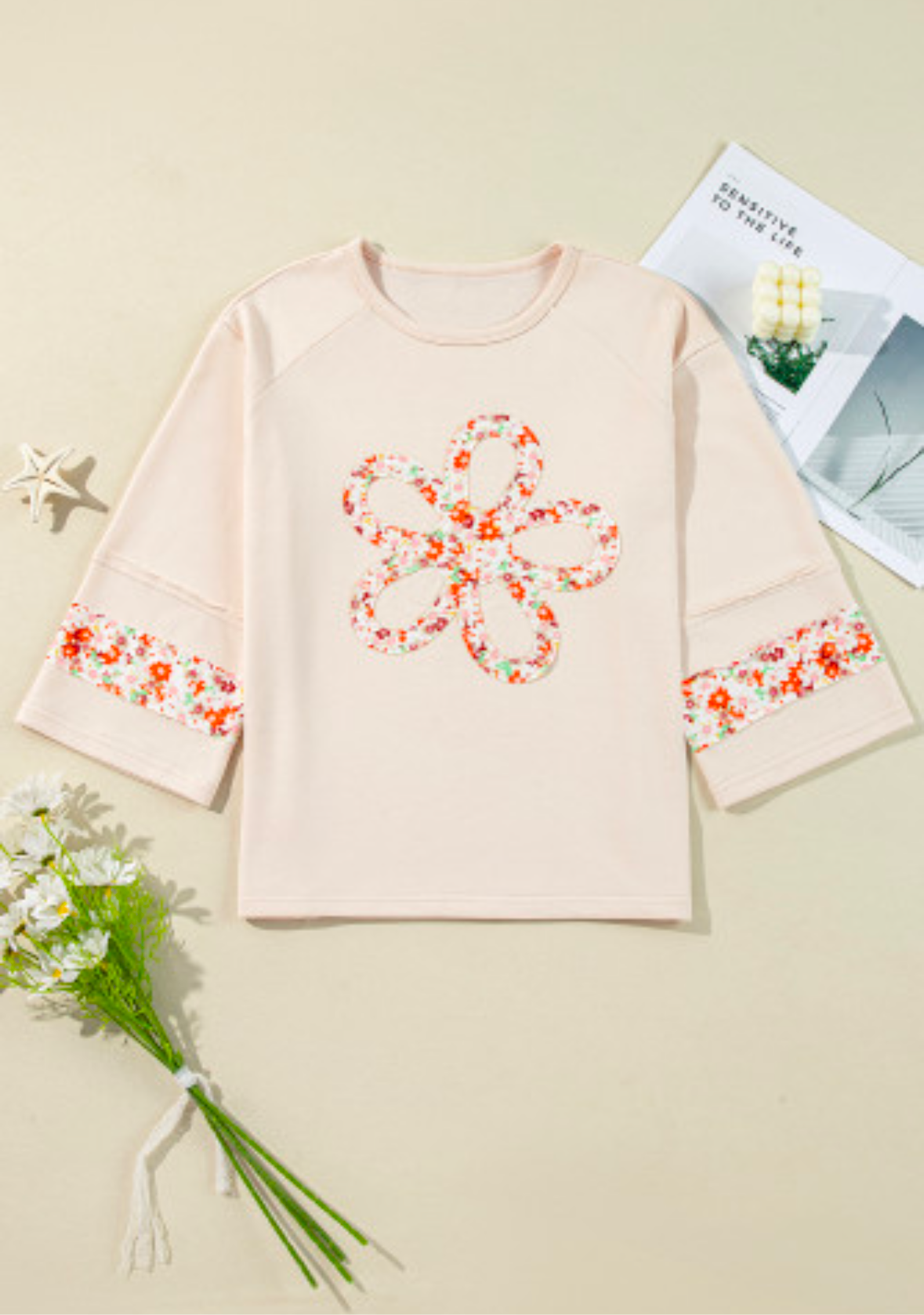 Beige Flower Patch Exposed Seam Wide Sleeve Top