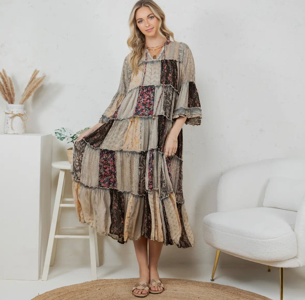 Patchwork Dress in Stone