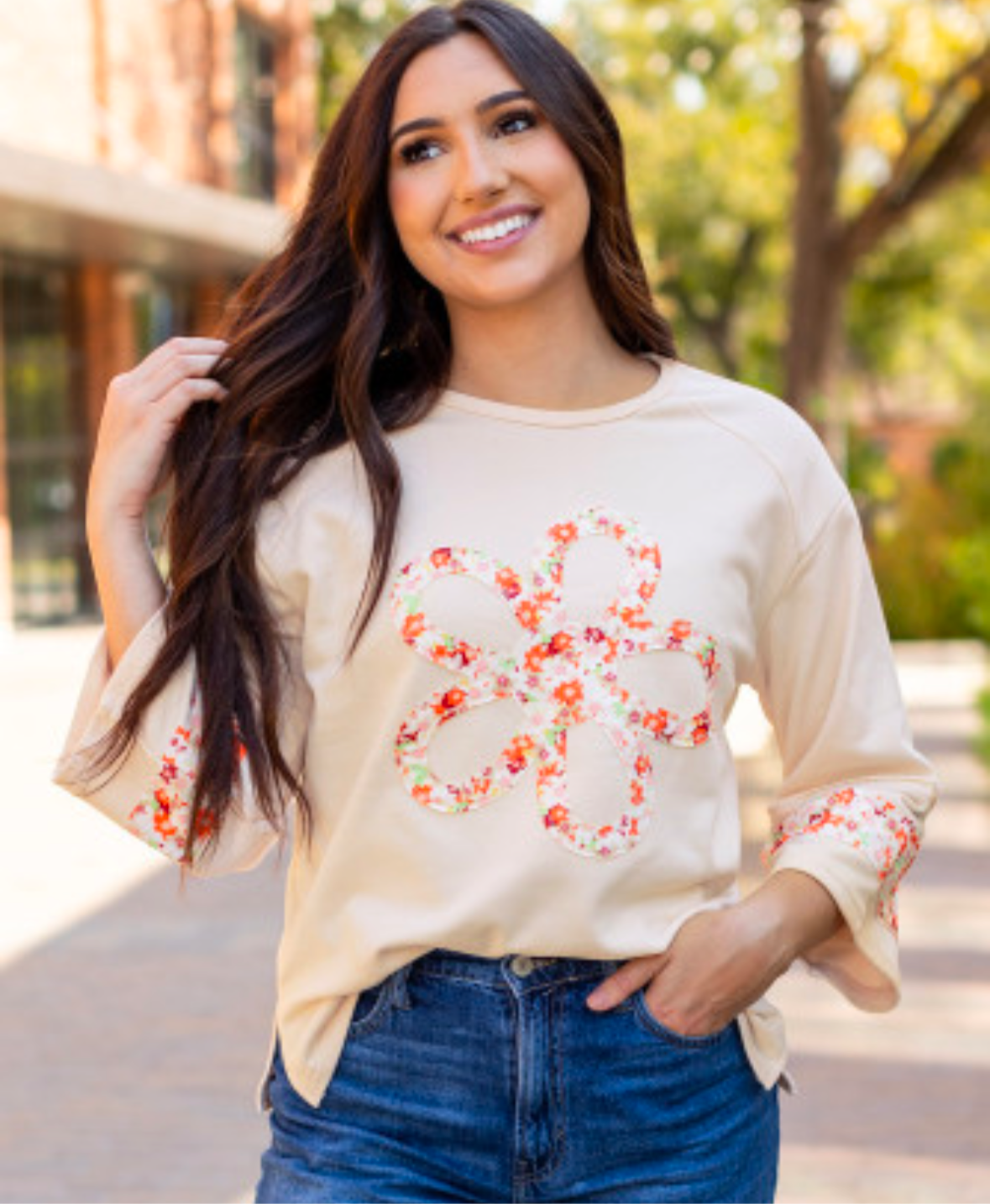 Beige Flower Patch Exposed Seam Wide Sleeve Top