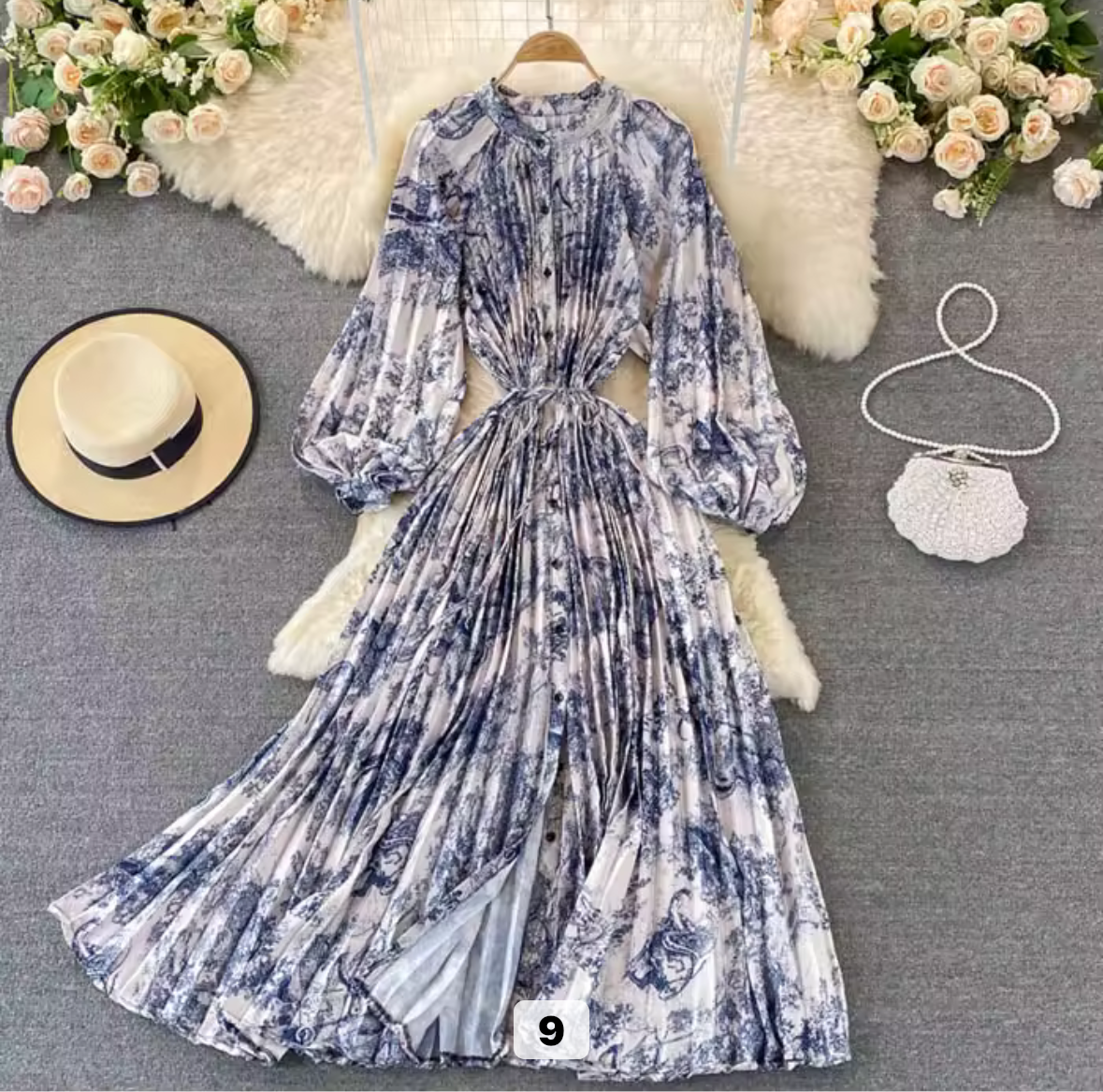 Blue & White Pleated Dress