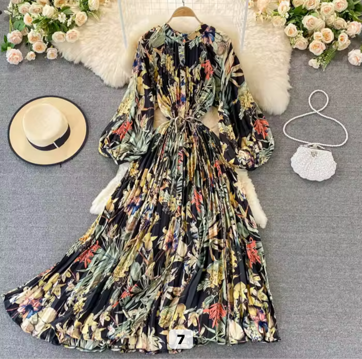 Black floral Pleated Dress
