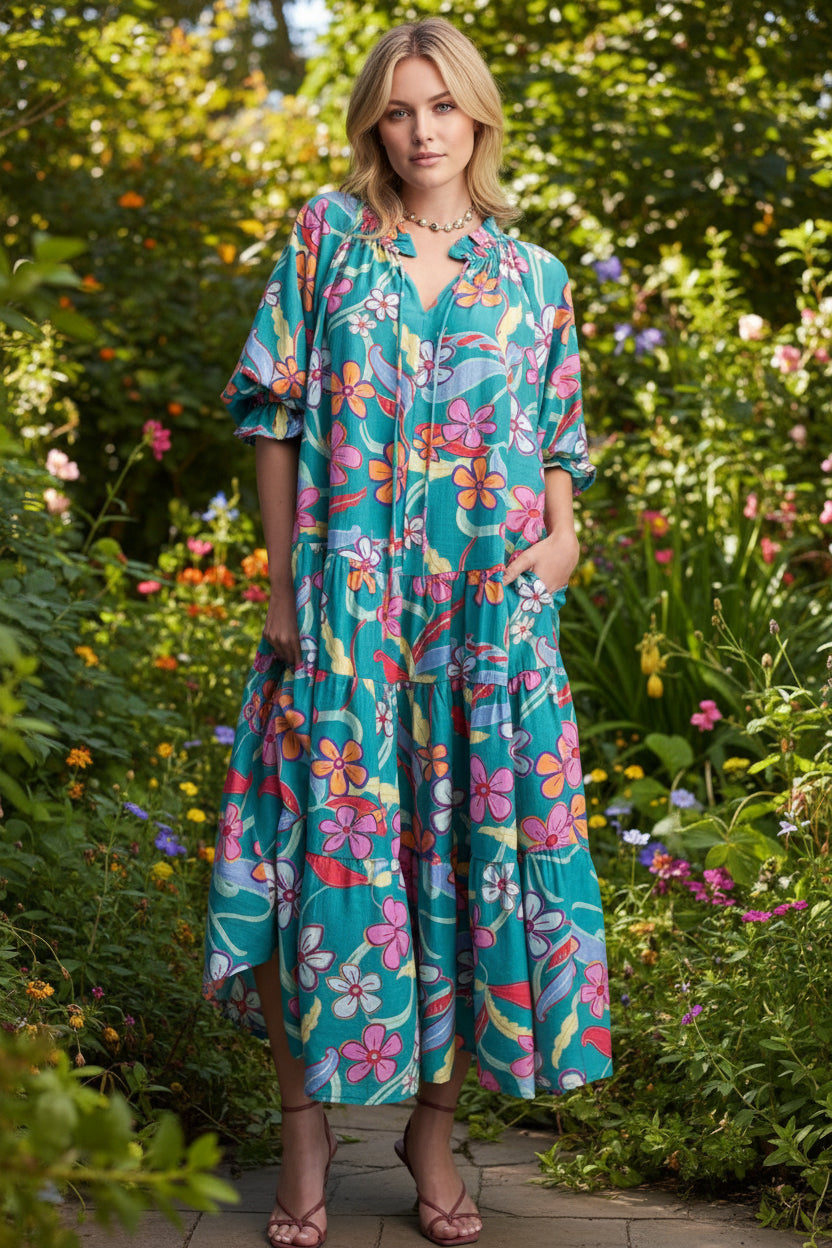 Easel Teal floral drop waist Dress