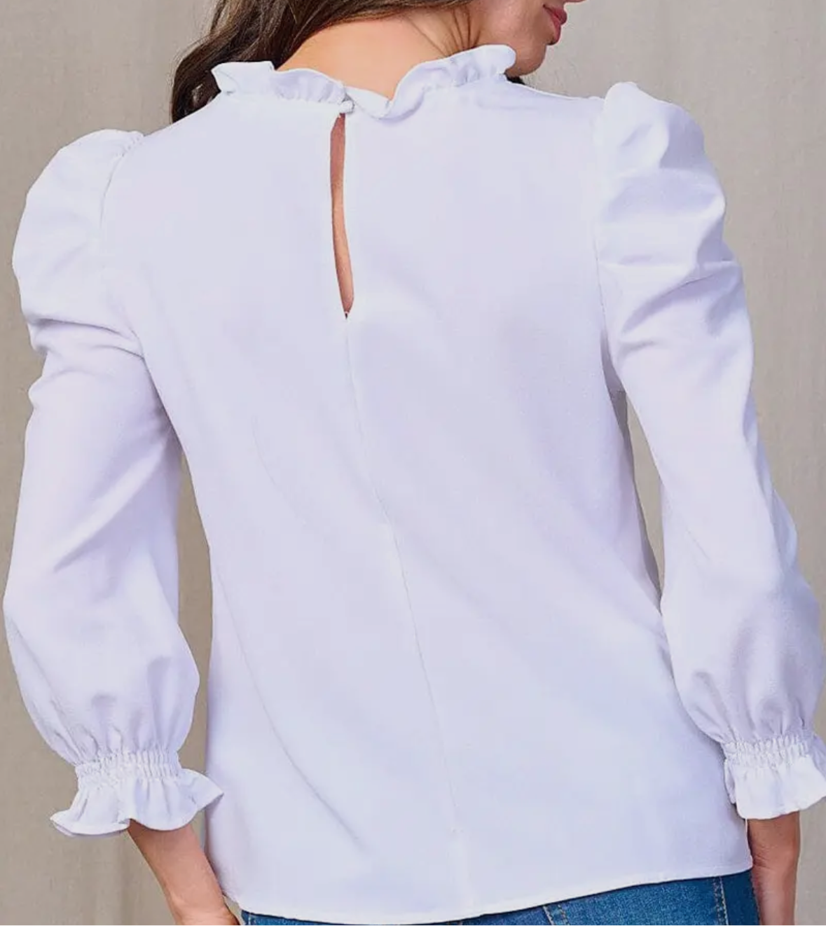 White Puff Sleeve Ruffle Neck Top