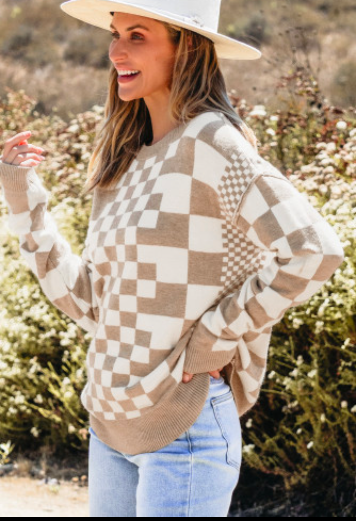 Khaki Checkered Print Drop Shoulder Round Neck Sweater
