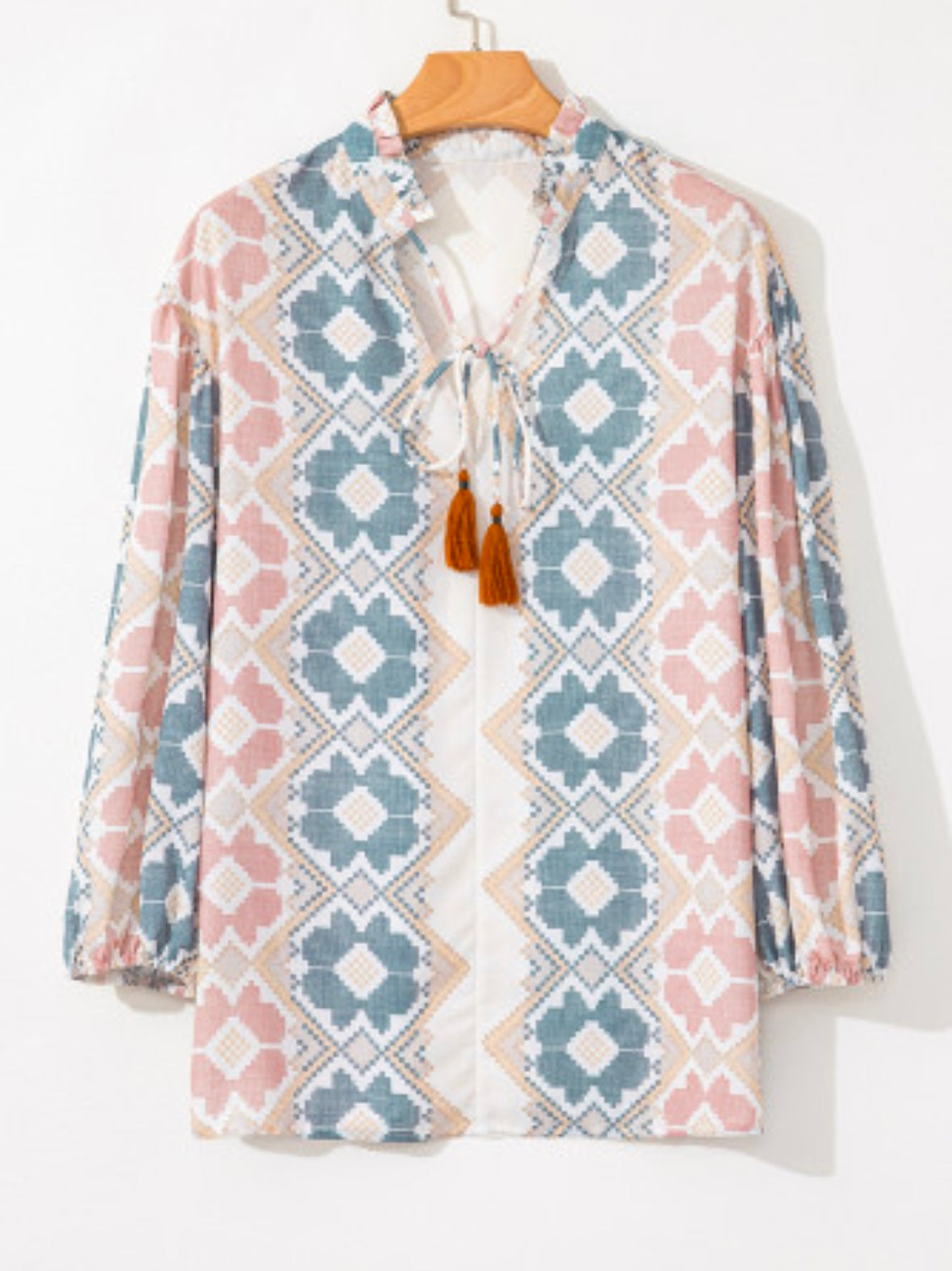 Khaki Geometric Print Tassel Tie Split Neck Balloon Sleeve Blouse