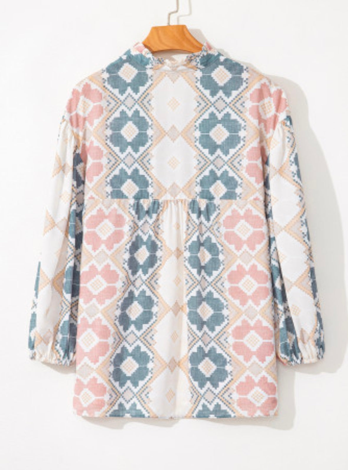 Khaki Geometric Print Tassel Tie Split Neck Balloon Sleeve Blouse