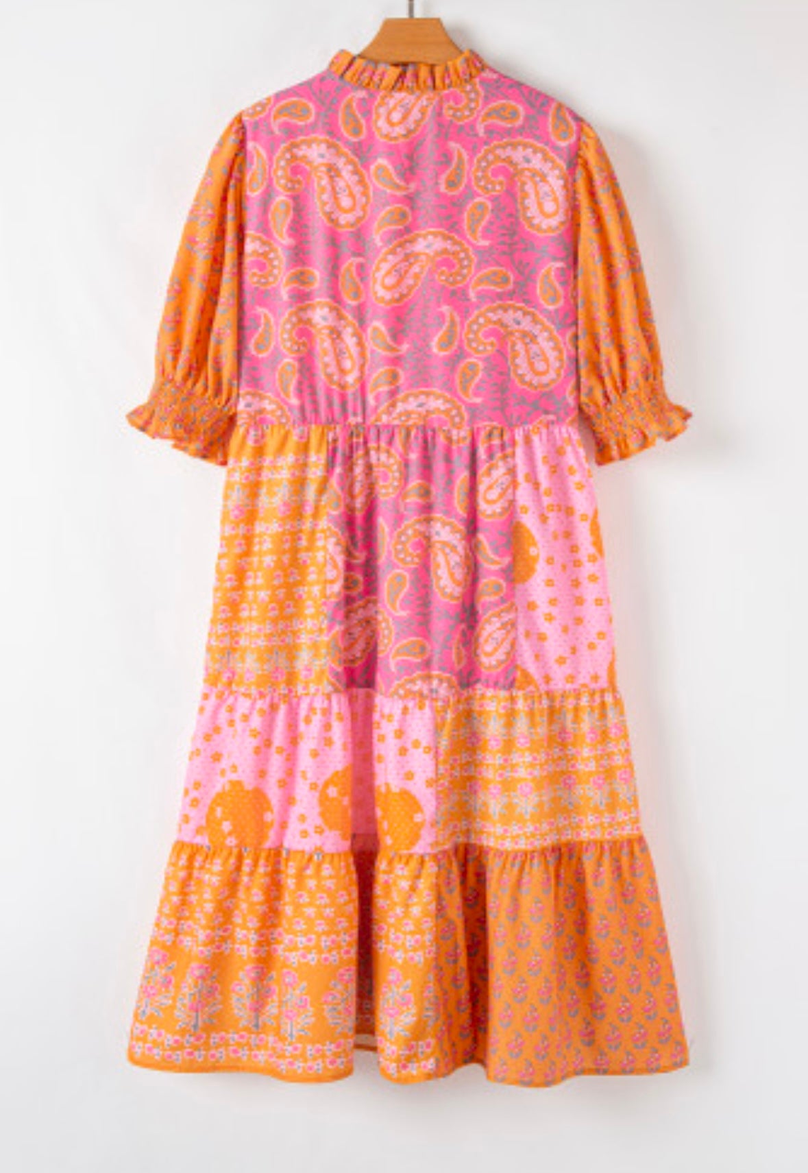 Pink Boho Paisley Floral Patchwork Midi Dress
