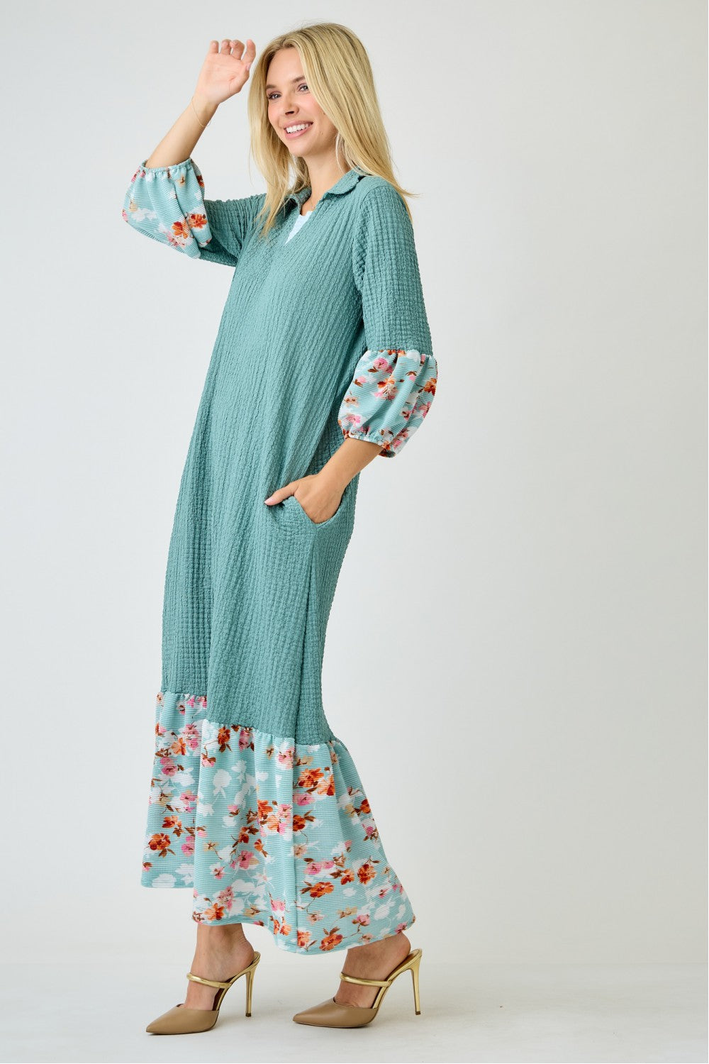 Floral Trim Textured Maxi Dress