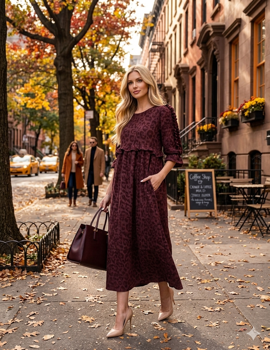 Women's Leopard Print Ruffle Tiered Midi Pocket Dress