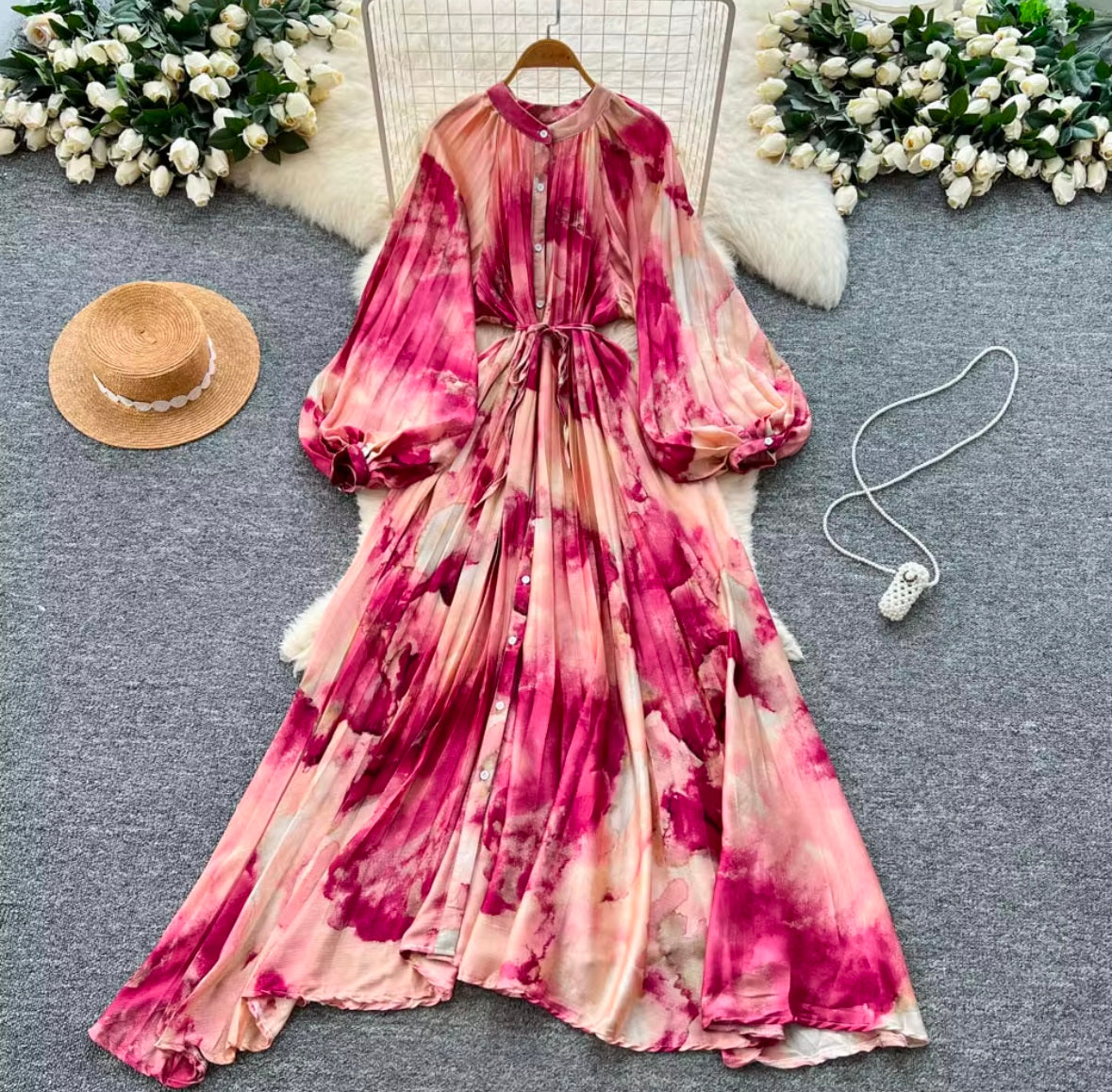 Blushing Petals Pleated Dress