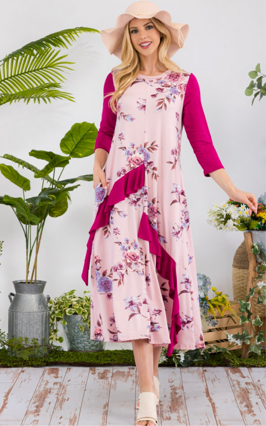FLORAL CONTRAST MID-DRESS