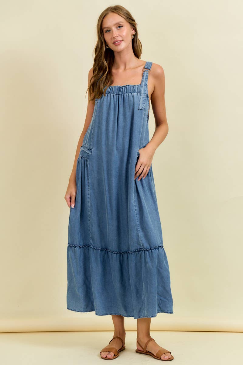 TENCEL MAXI OVERALL DRESS WITH TIERED RUFFLE
