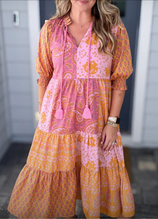 Pink Boho Paisley Floral Patchwork Midi Dress