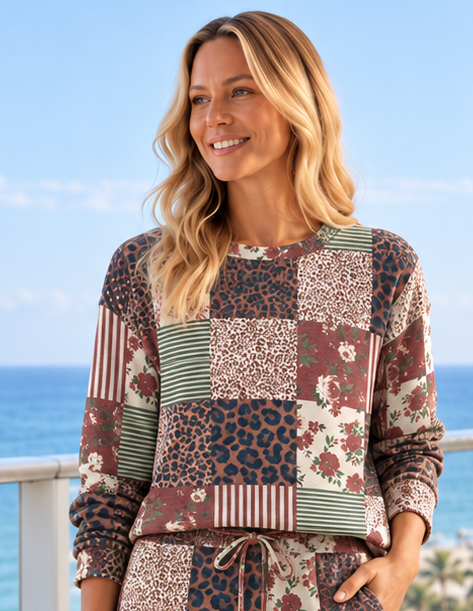 Women’s Boho Patchwork Mixed Print Long Sleeve Top