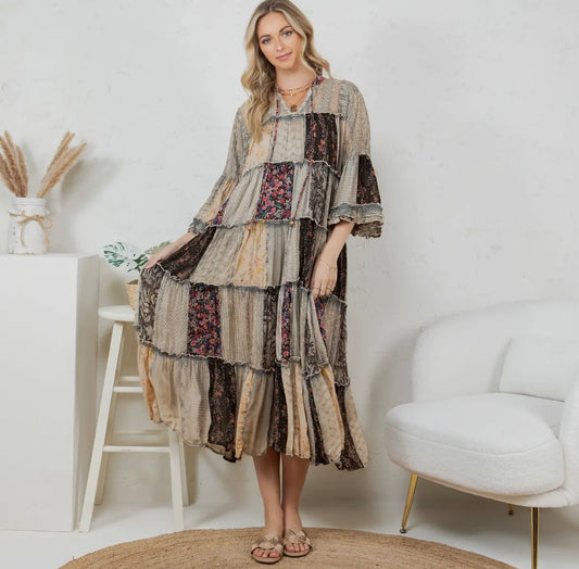 Patchwork Dress in Stone