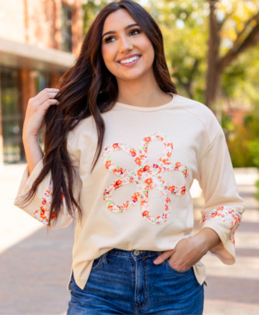Beige Flower Patch Exposed Seam Wide Sleeve Top