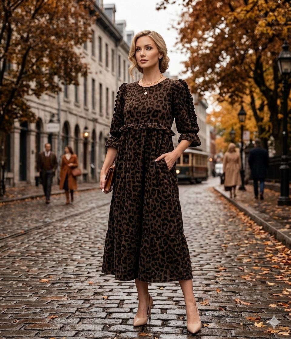 Women's Leopard Print Ruffle Tiered Midi Pocket Dress