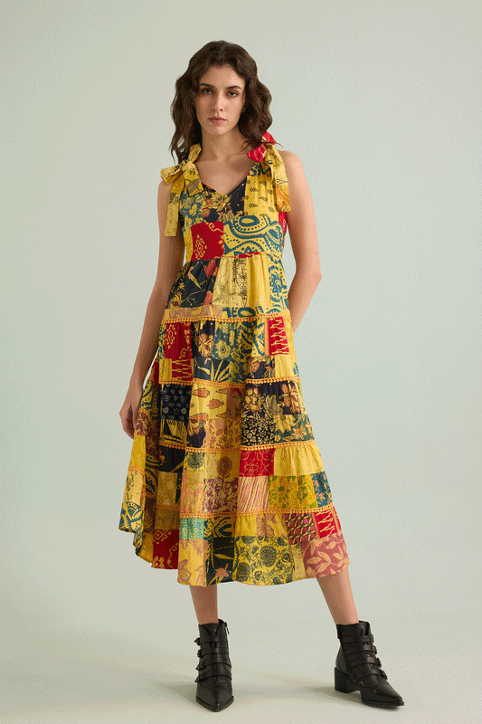 Serendipity Patchwork Dress In Yellow