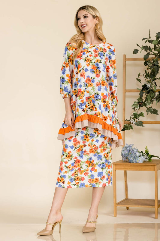 Orange floral top & skirt set