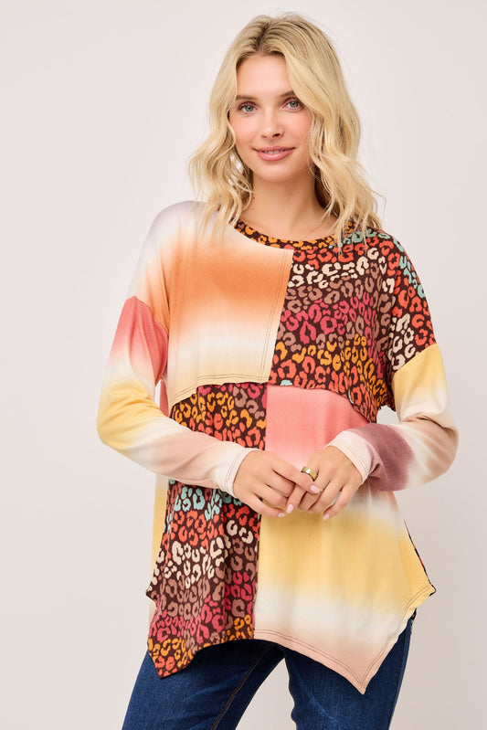 Sunset Patchwork Leopard Print Top