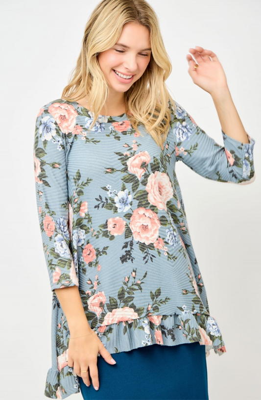 Textured hi/low Blue floral top
