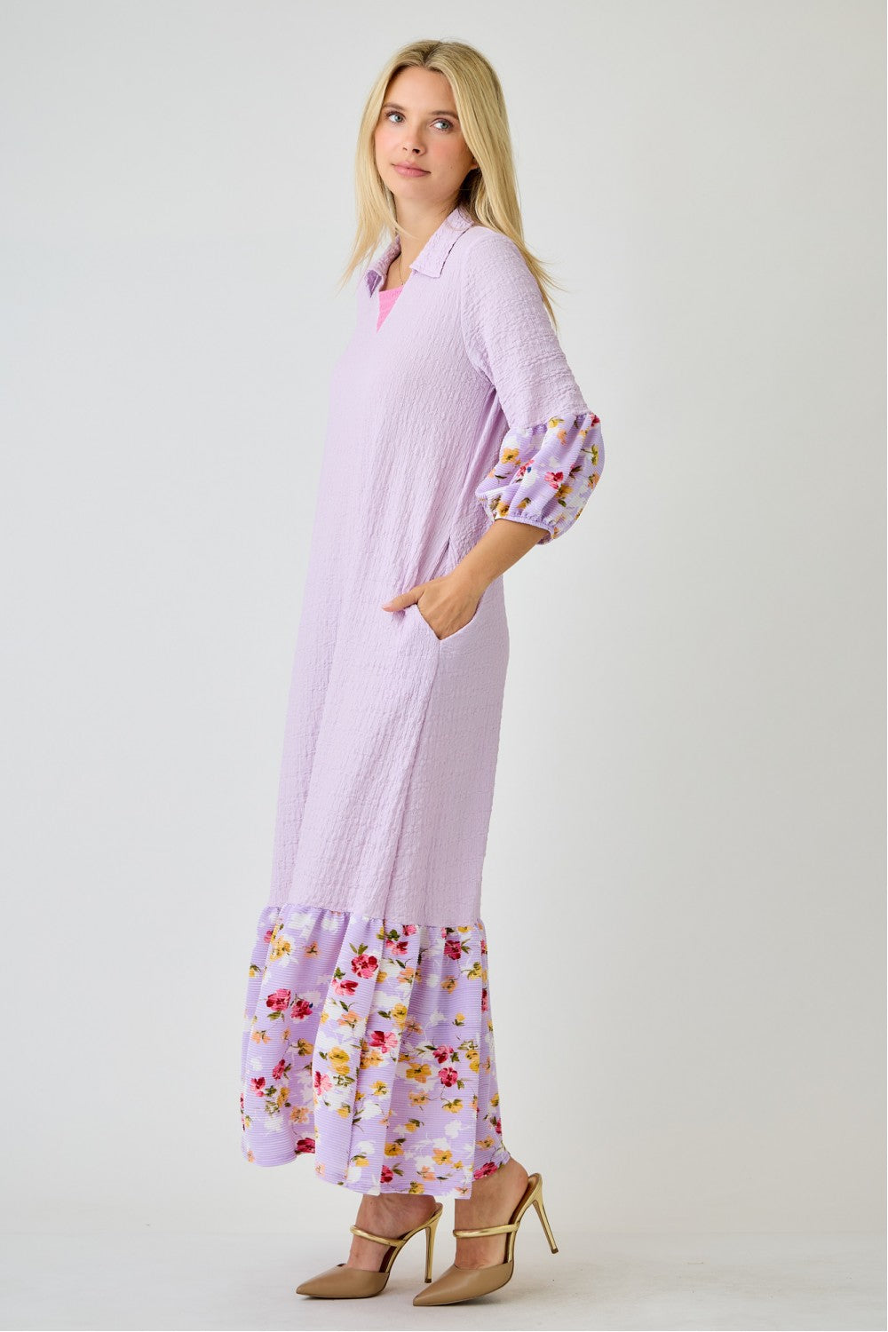 Floral Trim Textured Maxi Dress