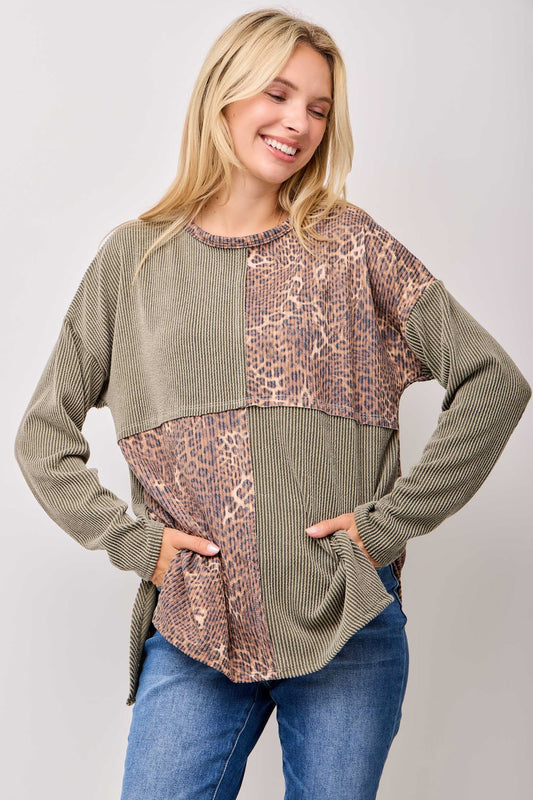 Ribbed Olive/leopard patchwork top