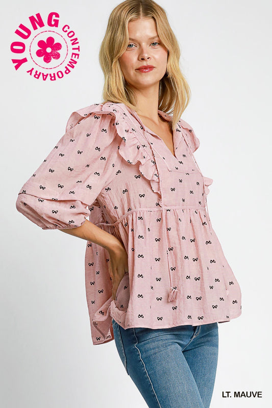 Umgee Ribbon Print Peplum Top