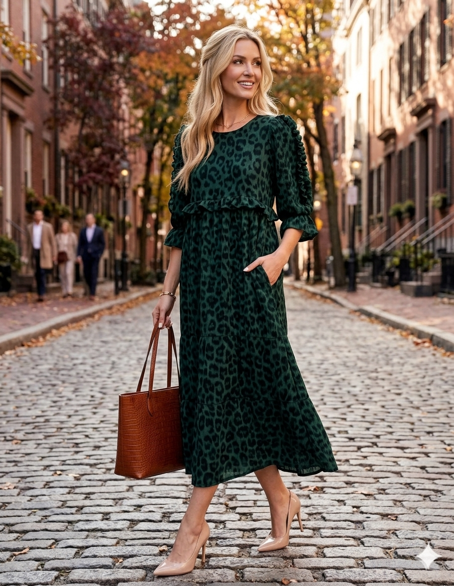 Women's Leopard Print Ruffle Tiered Midi Pocket Dress