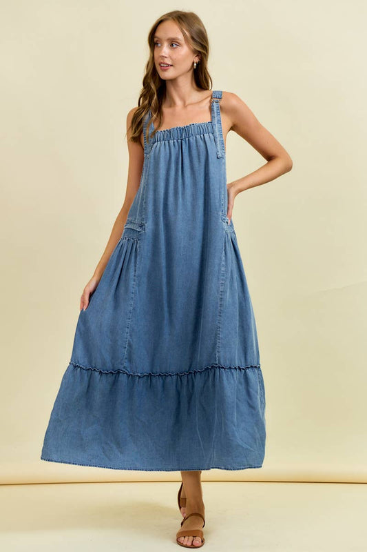 TENCEL MAXI OVERALL DRESS WITH TIERED RUFFLE - 28134D