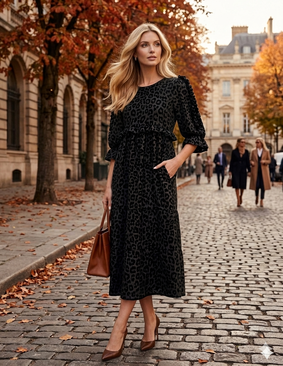 Women's Leopard Print Ruffle Tiered Midi Pocket Dress